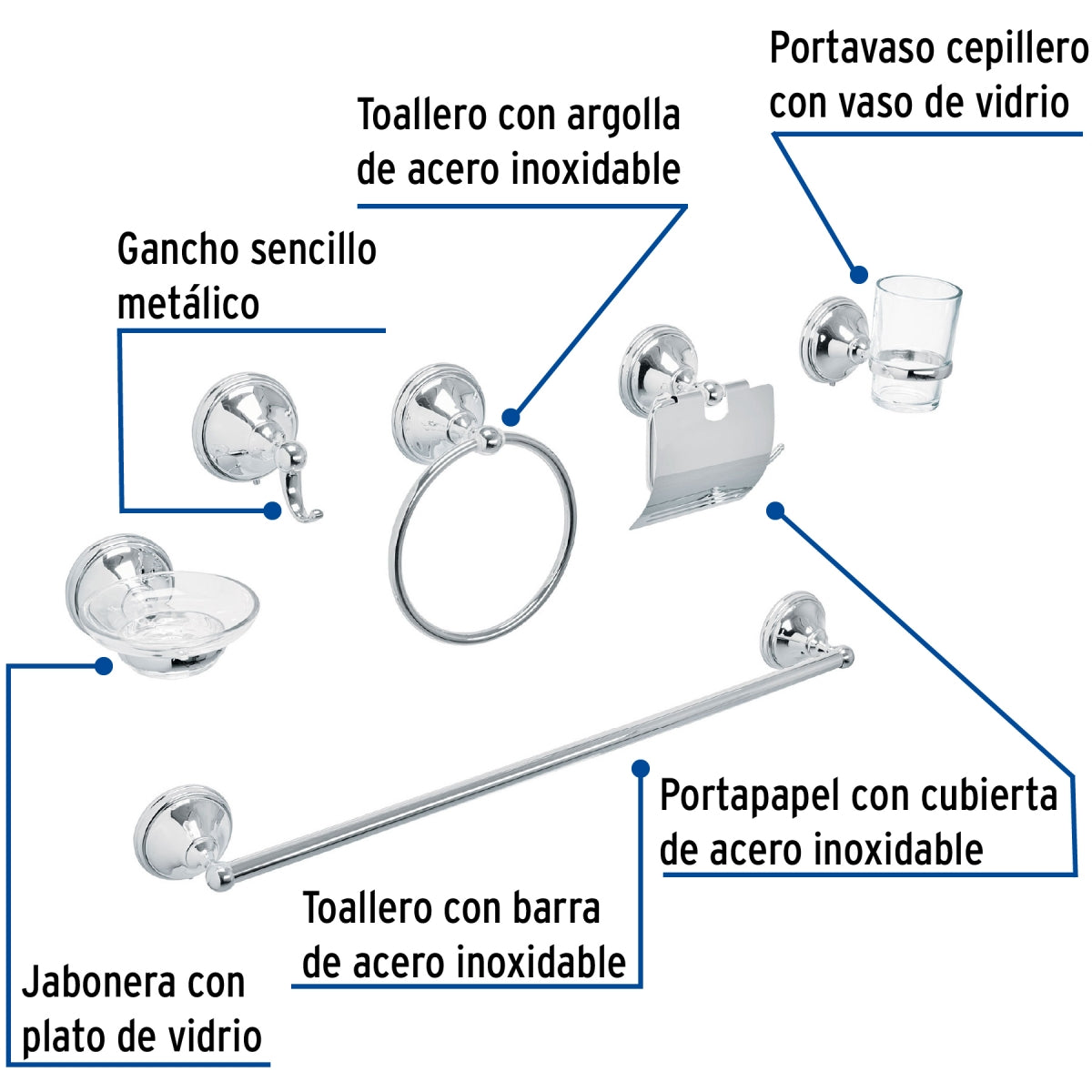 Juego de 6 accesorios metálicos p/baño chapetón redondo grande (Aqua) SKU:'48339