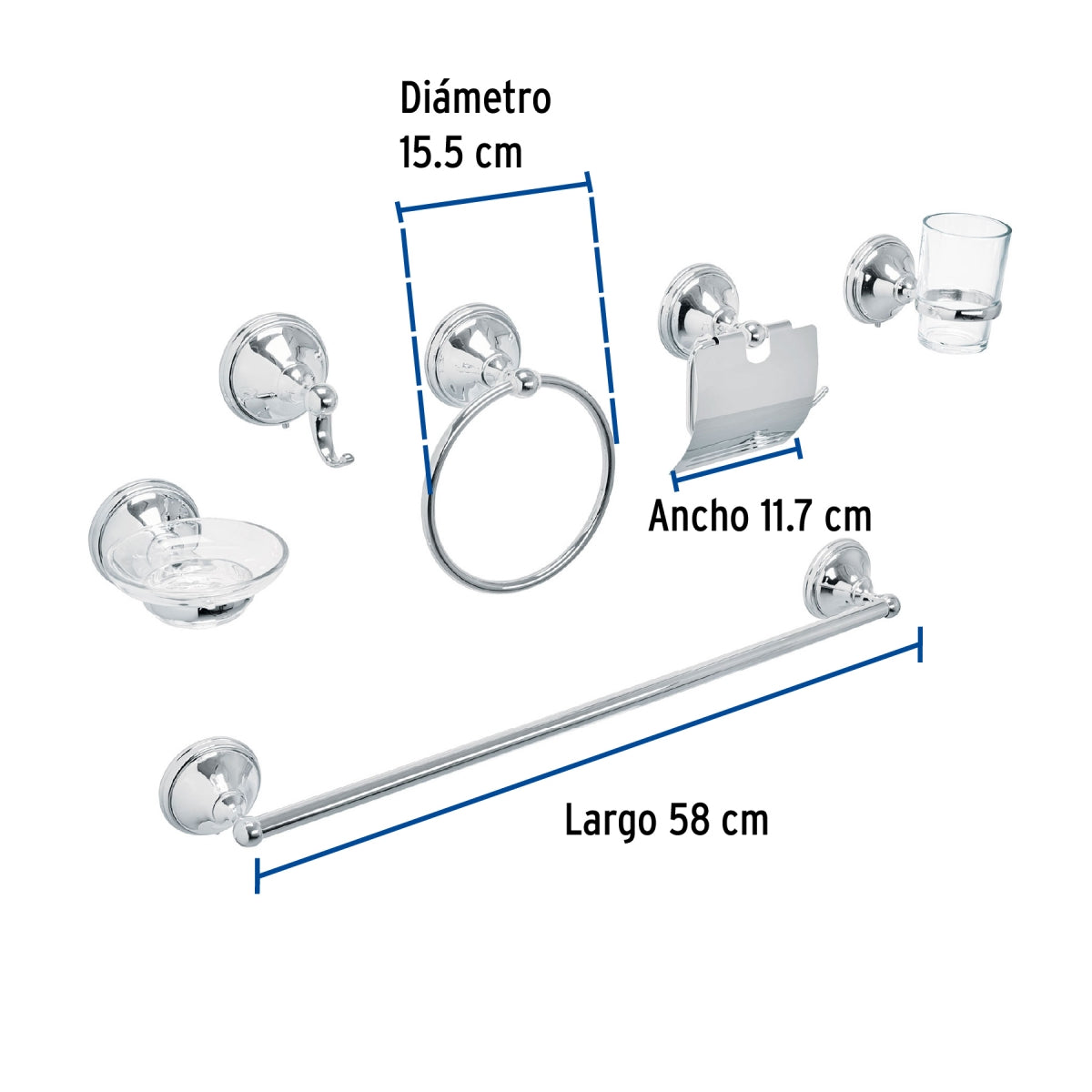 Juego de 6 accesorios metálicos p/baño chapetón redondo grande (Aqua) SKU:'48339