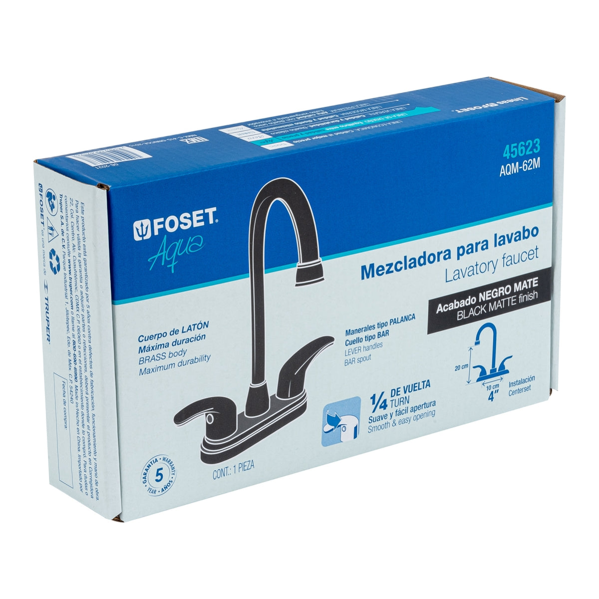 Mezcladora metálica 4" cuello bar p/lavabo negro mate manerales tipo palanca (Aqua) SKU:'45623