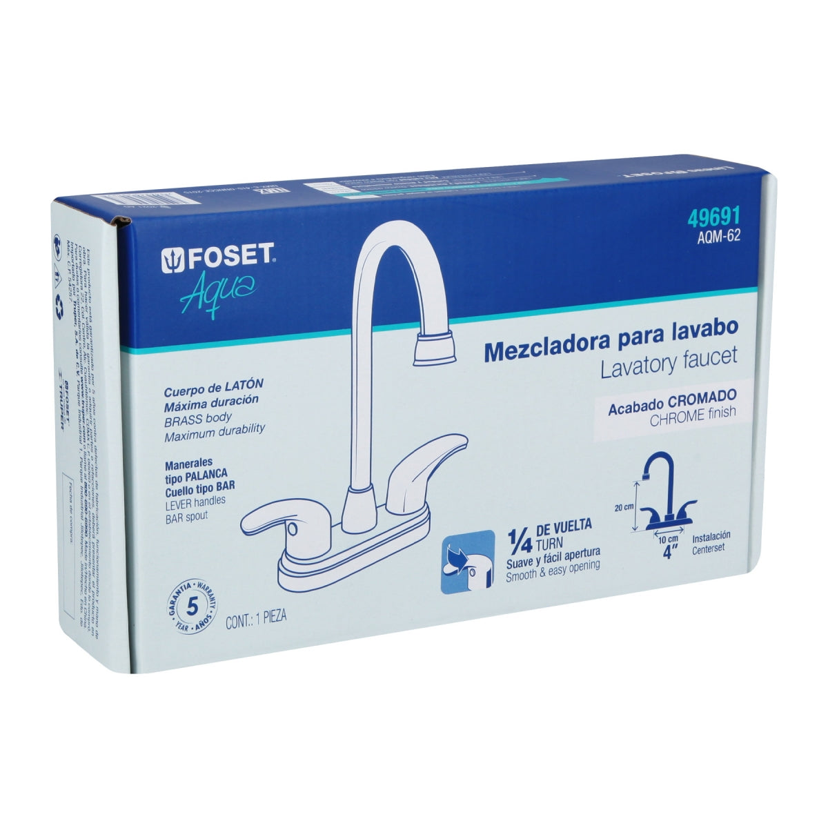 Mezcladora metálica 4" cuello alto p/lavabo manerales tipo palanca (Aqua) SKU:'49691