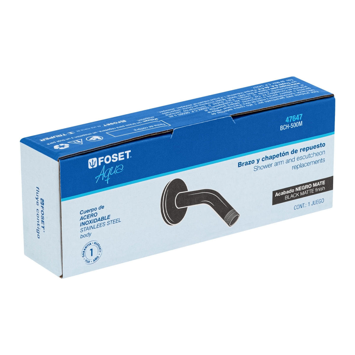 Brazo corto con chapetón p/regadera negro mate (Aqua) SKU:'47647