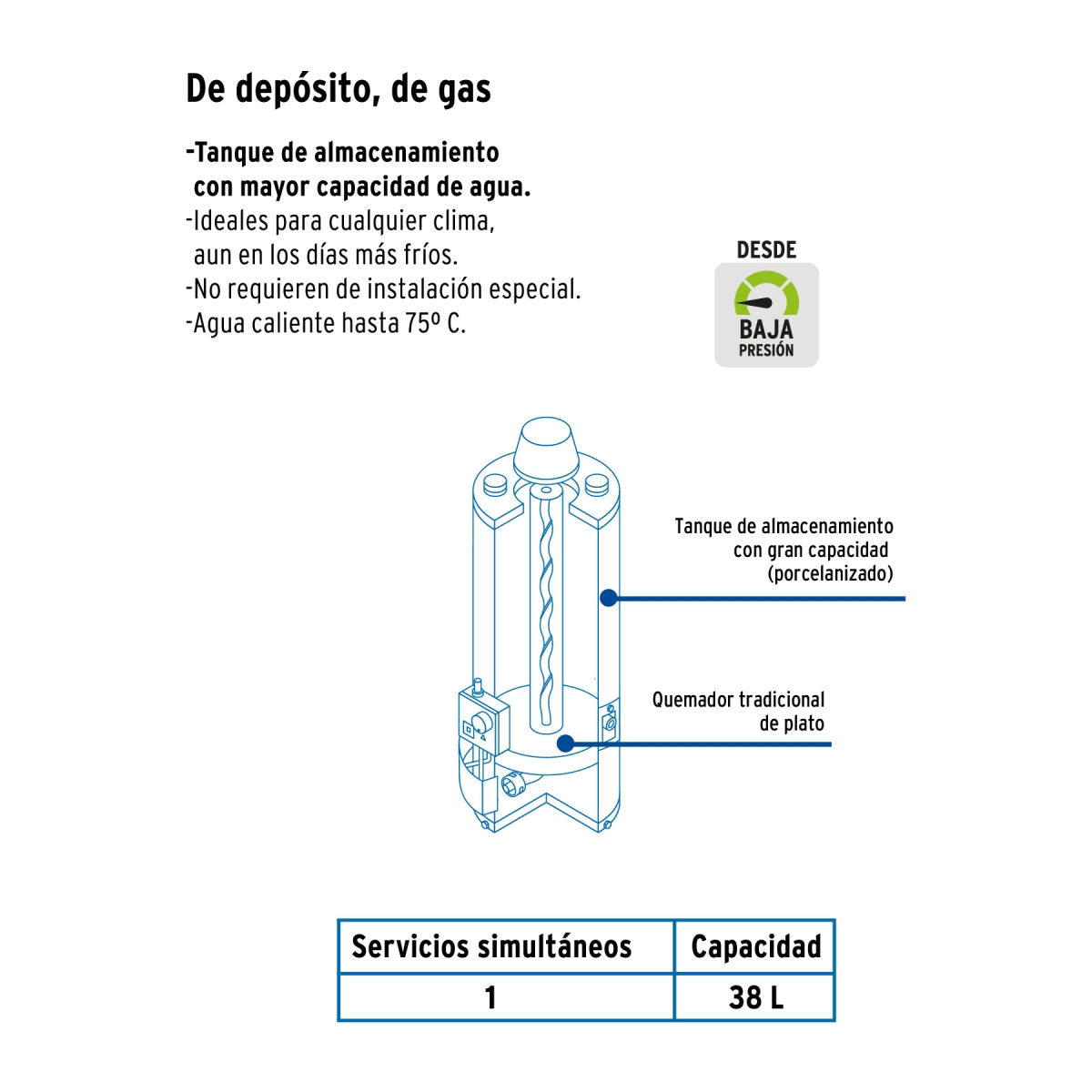 Calentador de depósito 38 L 1 servicio p/gas L.P. SKU:'45267
