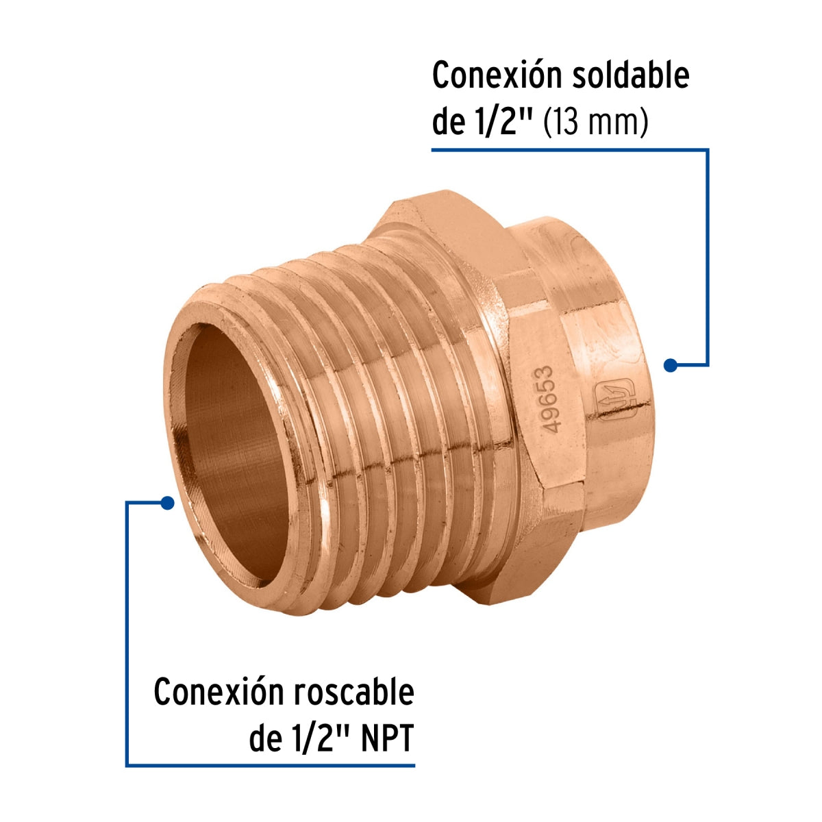 Cople rosca exterior 1/2" cobre SKU:'49653