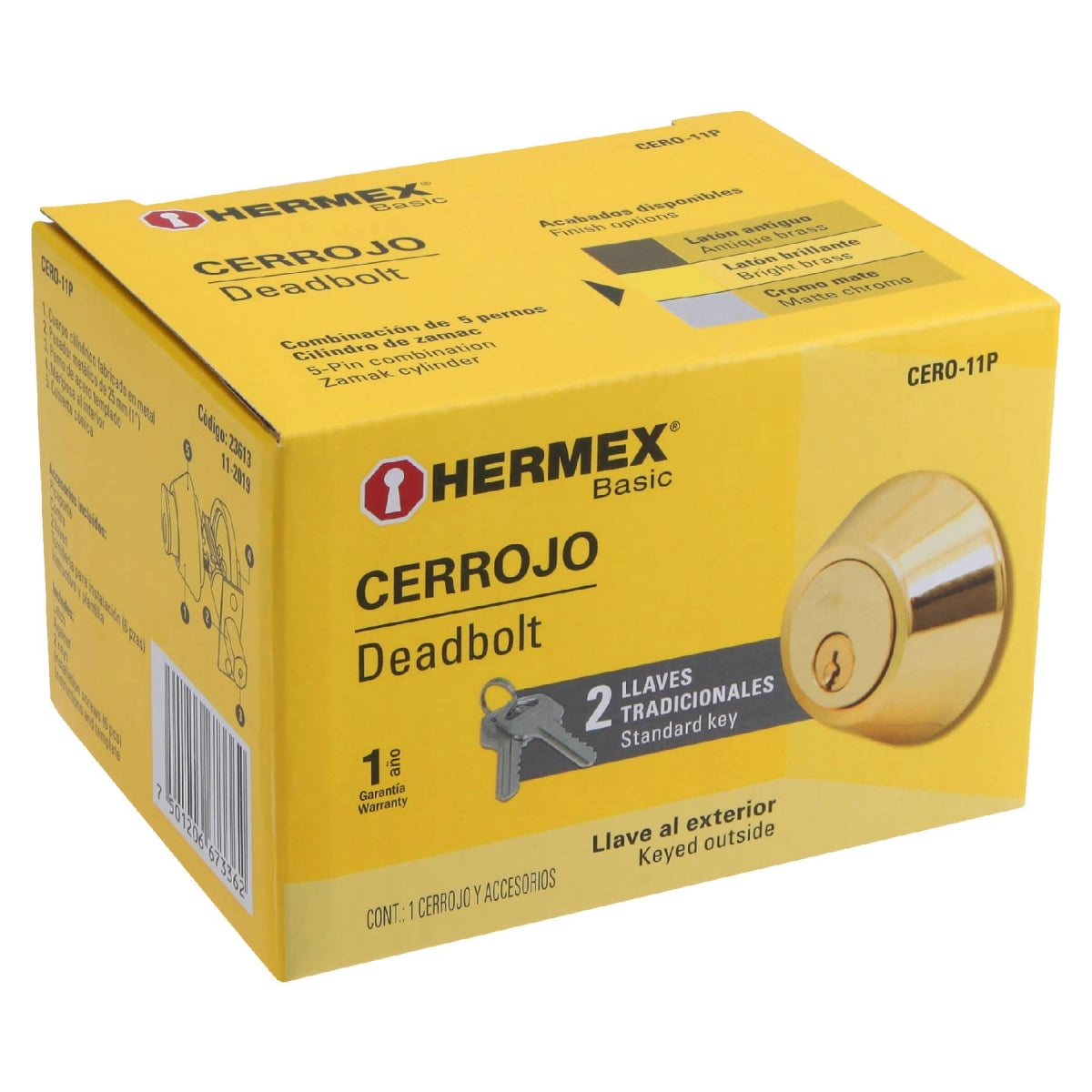 Cerrojo llave-mariposa color latón brillante SKU:'23613