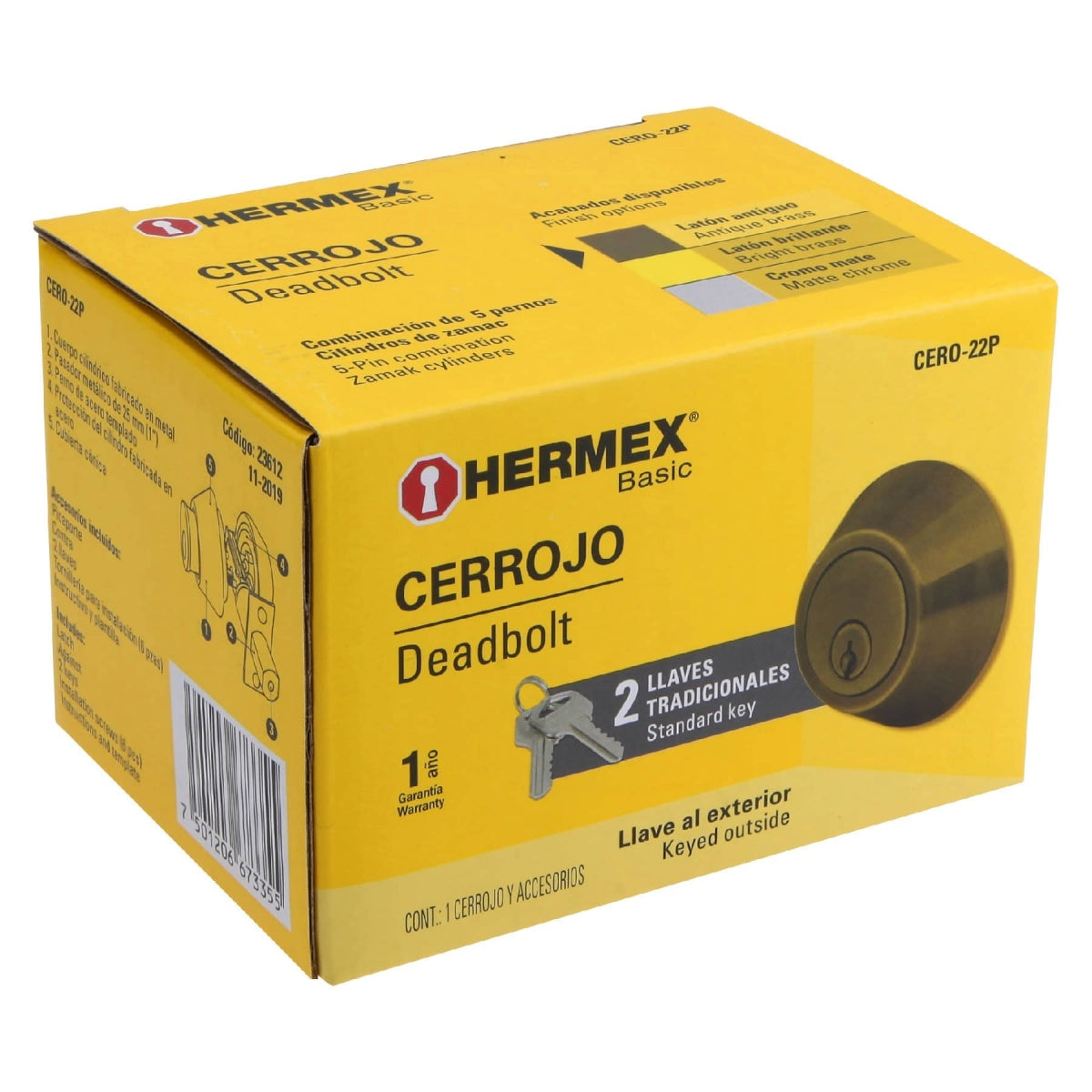 Cerrojo llave-llave color latón antiguo SKU:'23612