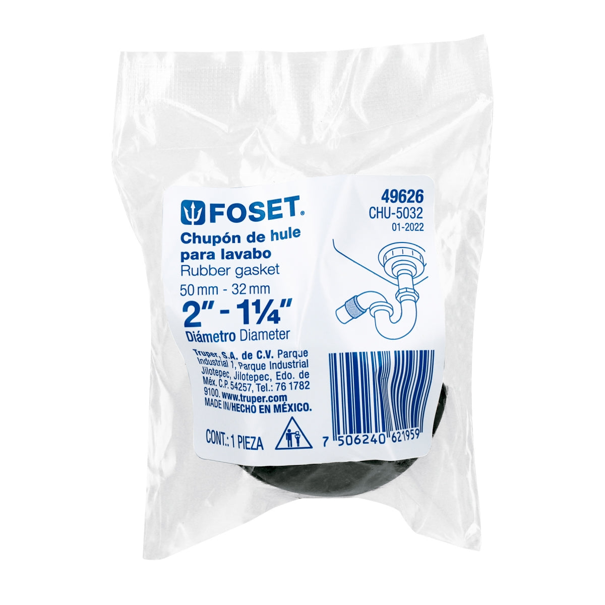 Chupón de hule negro p/lavabo 2" x 1 1/4" SKU:'49626