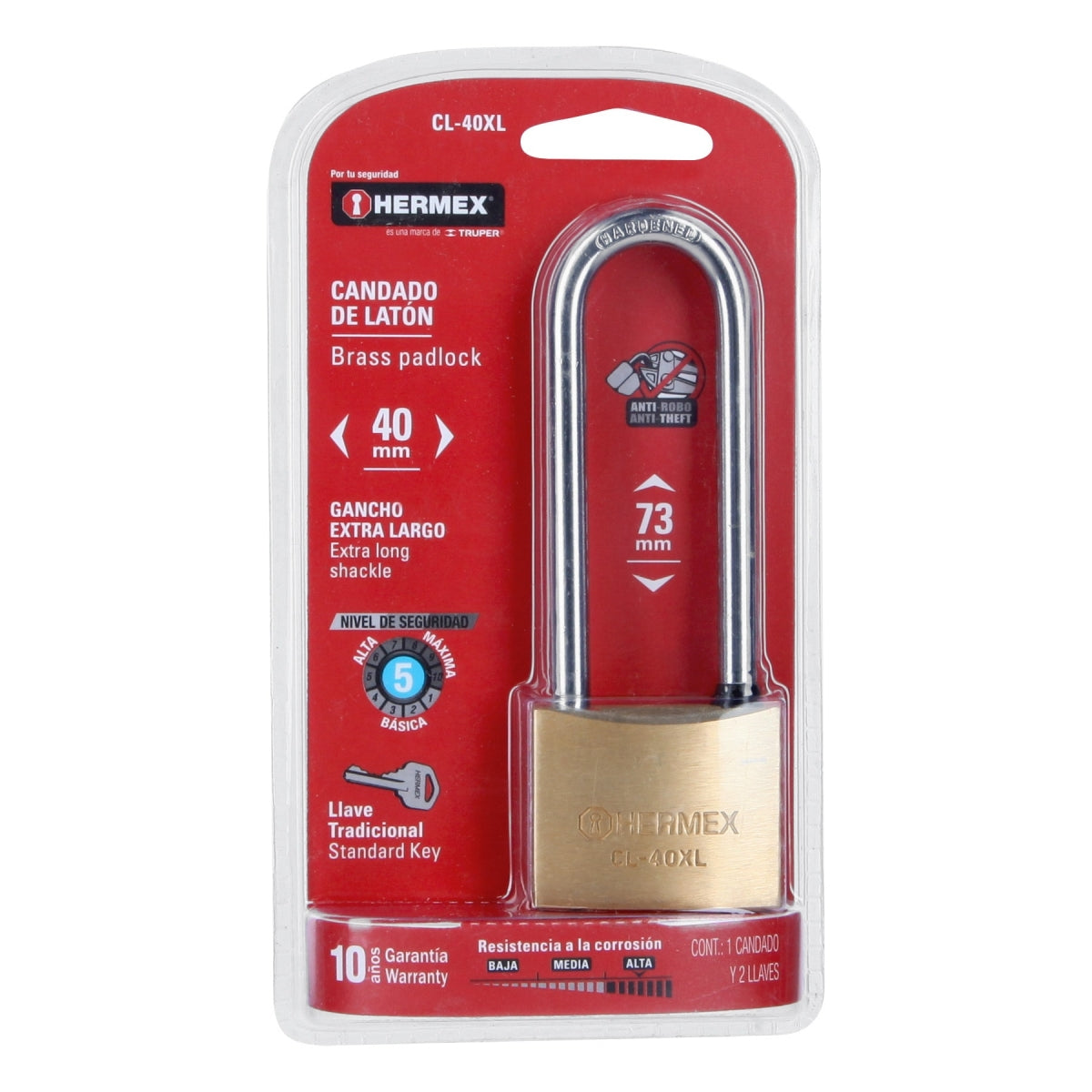 Candado de latón 40mm gancho extra largo SKU:'43441