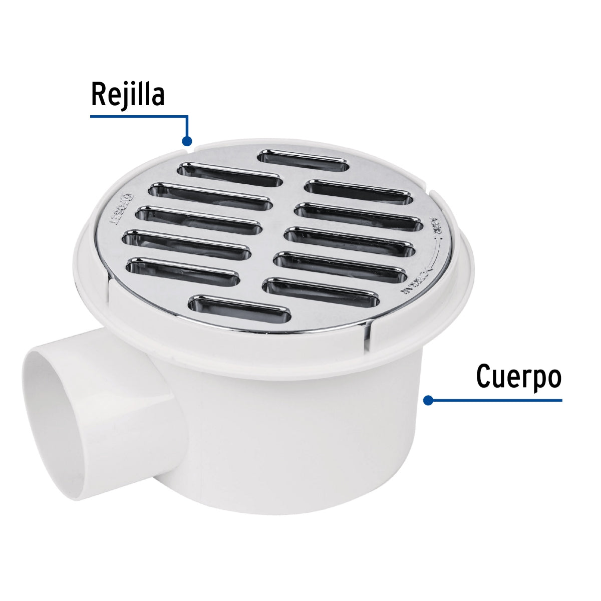 Coladera universal plástica 1/4 de vuelta con salida lateral 2" y rejilla cromada SKU:'49618