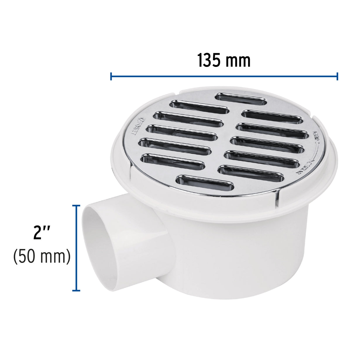 Coladera universal plástica 1/4 de vuelta con salida lateral 2" y rejilla cromada SKU:'49618