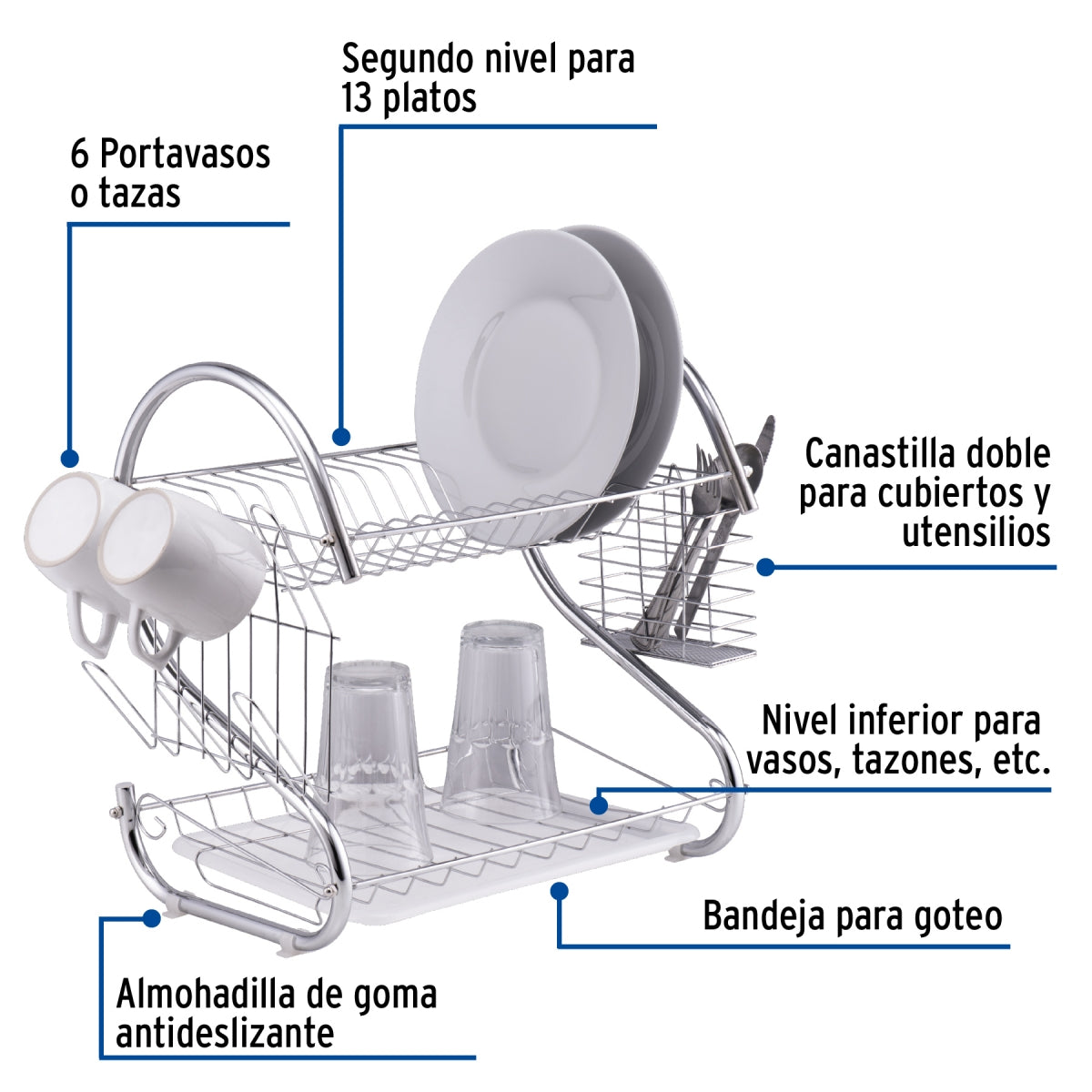 Escurridor 2 niveles de acero cromado para trastes SKU:'47908