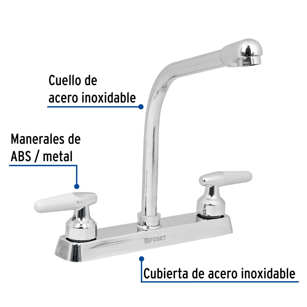 Mezcladora metálica 8" cuello tipo cobra p/fregadero manerales tipo cono (Basic) SKU:'49180