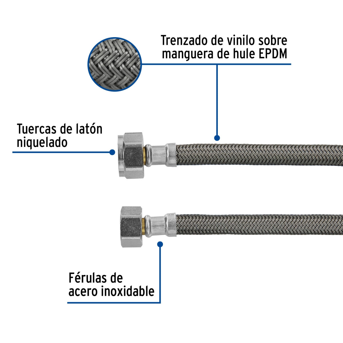 Manguera para WC 35cm vinilo 1/2" x 7/8" conexiones metálicas SKU:'49175