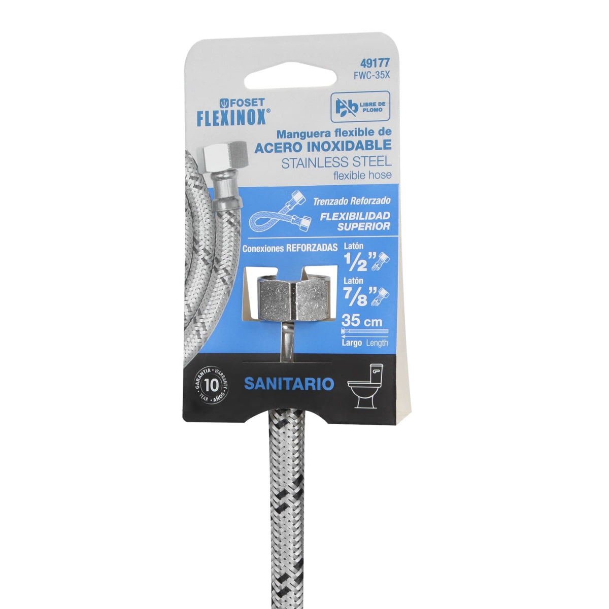Manguera para WC 35cm acero inoxidable 1/2" x 7/8" SKU:'49177