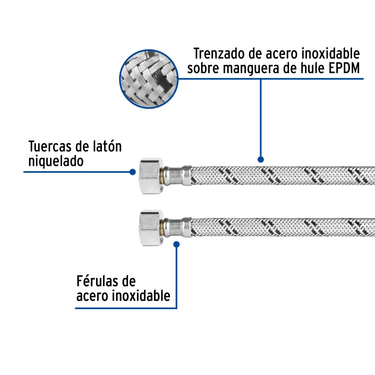 Manguera para WC 35cm acero inoxidable 1/2" x 7/8" SKU:'49177
