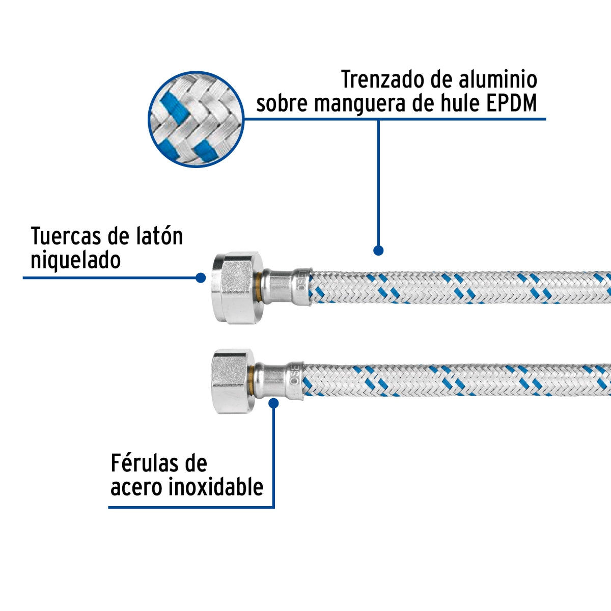 Manguera para WC 35cm aluminio trenzado 1/2" x 7/8" SKU:'49125