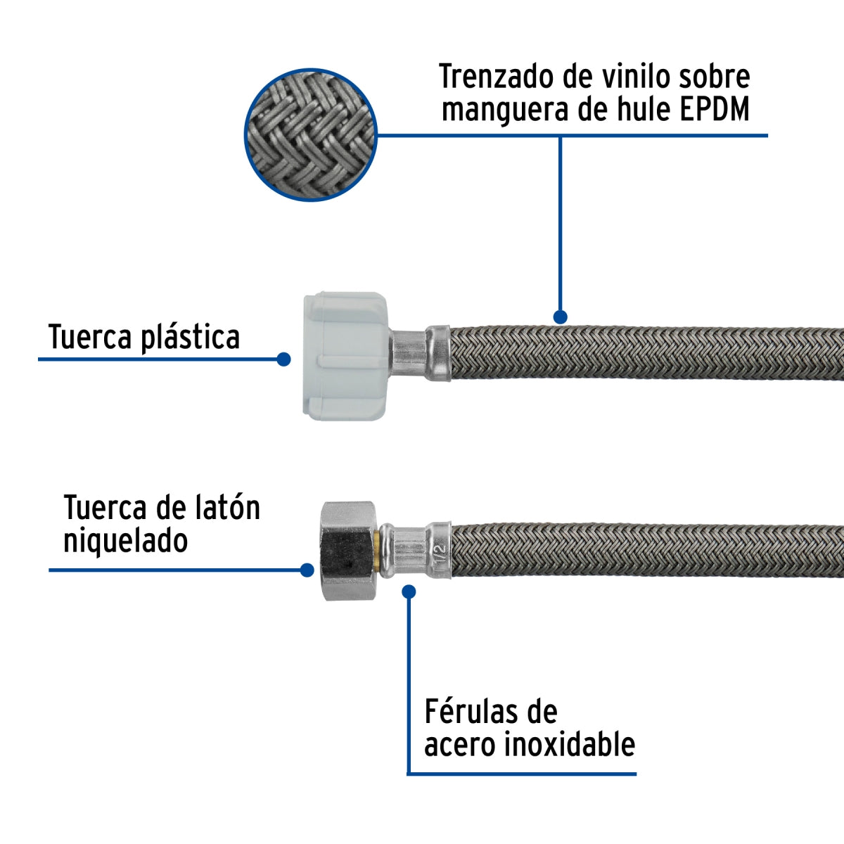 Manguera para WC 35cm vinilo 1/2" x 7/8" conexiones mixtas SKU:'49176