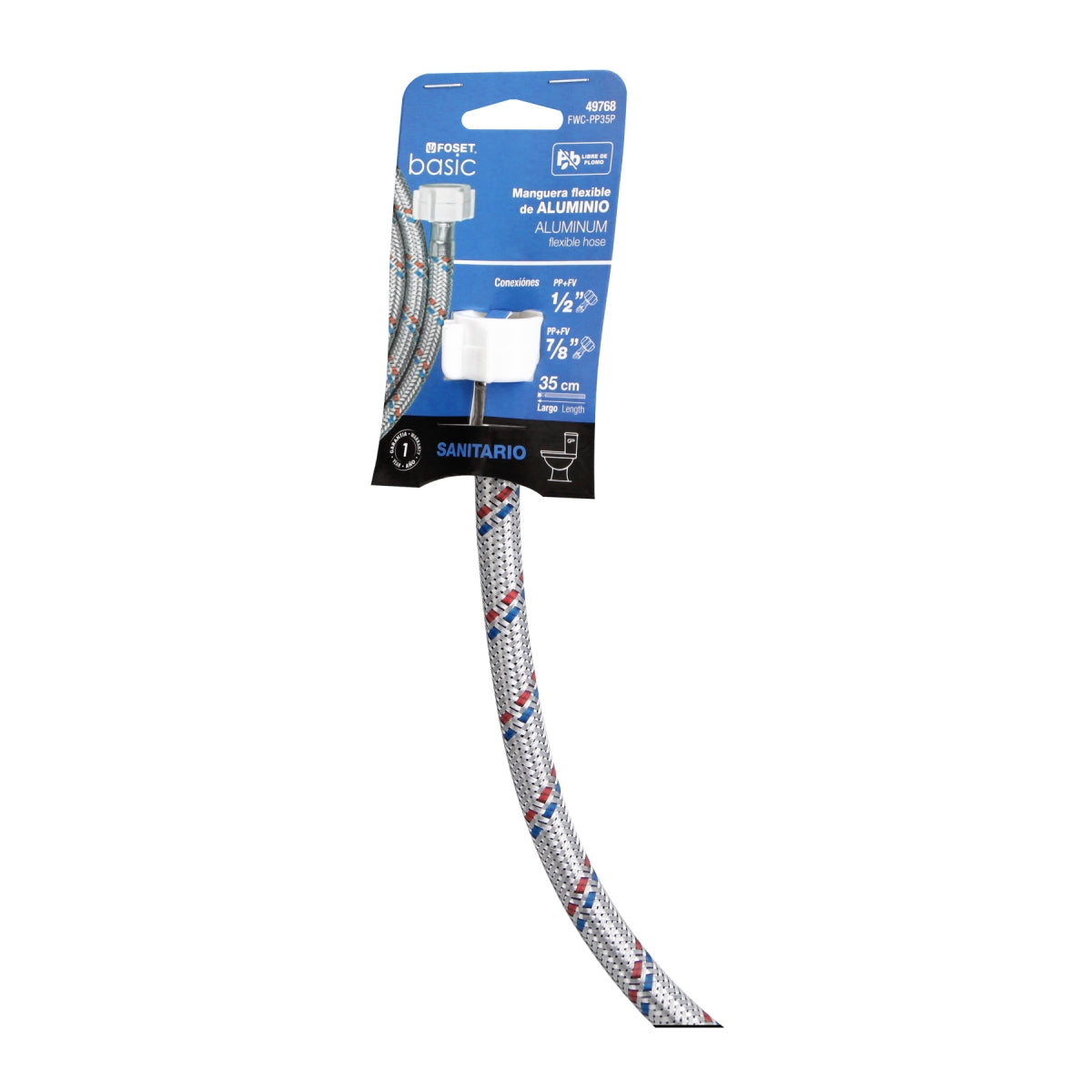 Manguera para WC 35cm aluminio 1/2" x 7/8" conexiones plásticas SKU:'49768