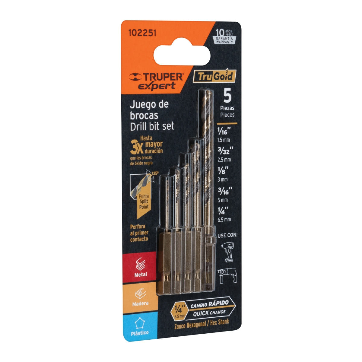 Juego 5 brocas para fierro zanco cambio rápido SKU:'102251
