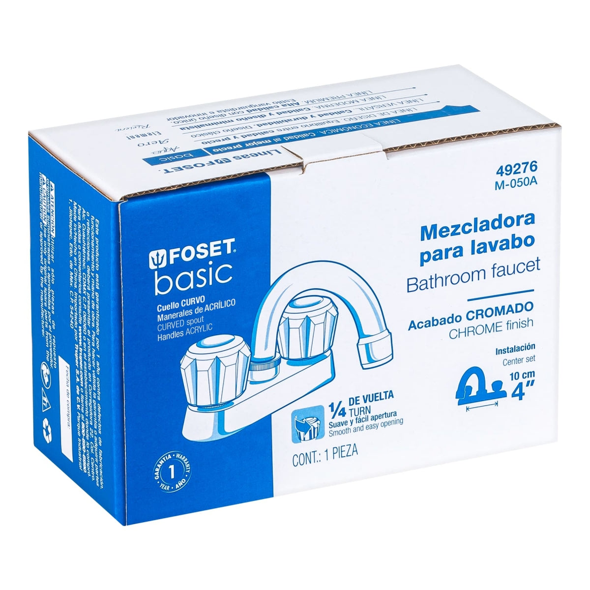 Mezcladora metálica 4" nariz curva p/lavabo manerales acrílicos (Basic) SKU:'49276