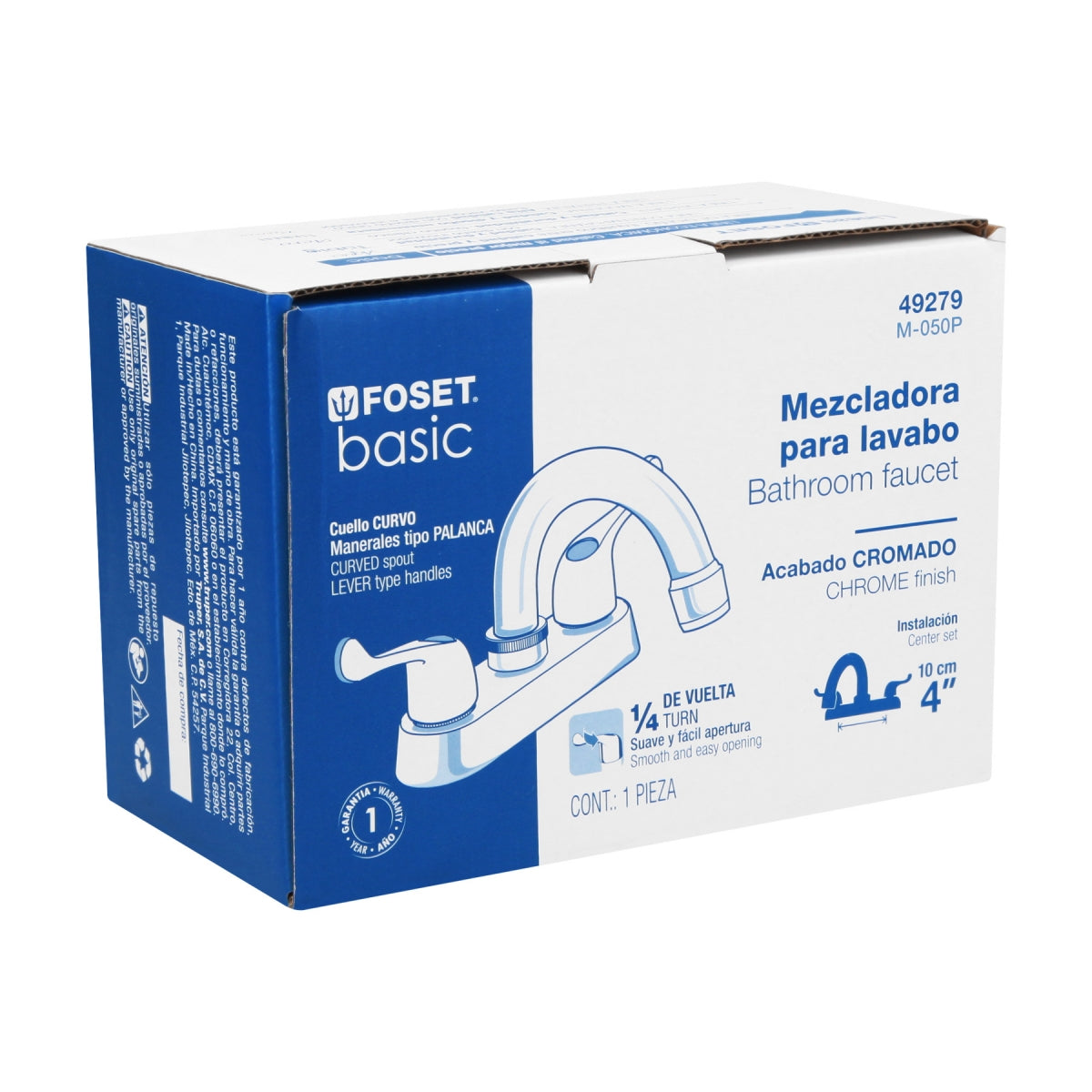 Mezcladora metálica 4" nariz curva p/lavabo manerales tipo palanca (Basic) SKU:'49279