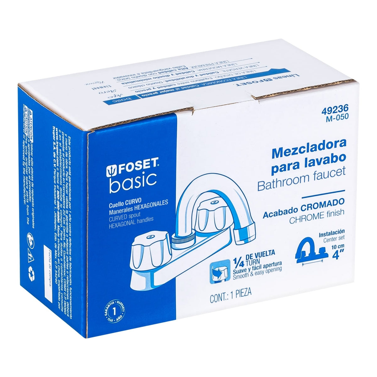 Mezcladora metálica 4" nariz curva p/lavabo manerales hexagonales (Basic) SKU:'49236