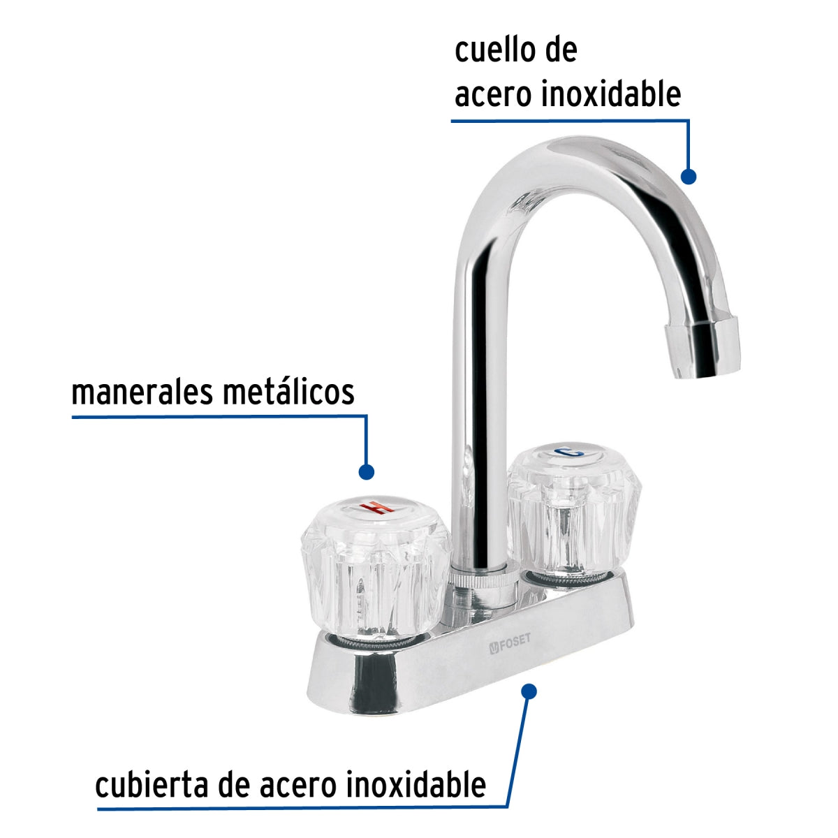 Mezcladora metálica 4" cuello alto p/lavabo manerales acrílicos (Basic) SKU:'49277