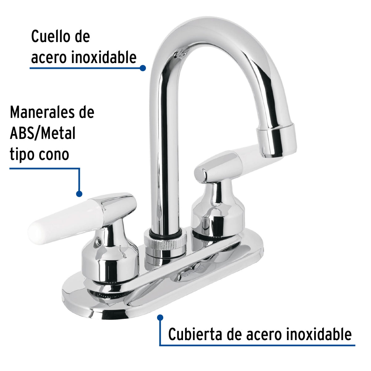 Mezcladora metálica 4" cuello alto p/lavabo manerales tipo cono (Basic) SKU:'49213