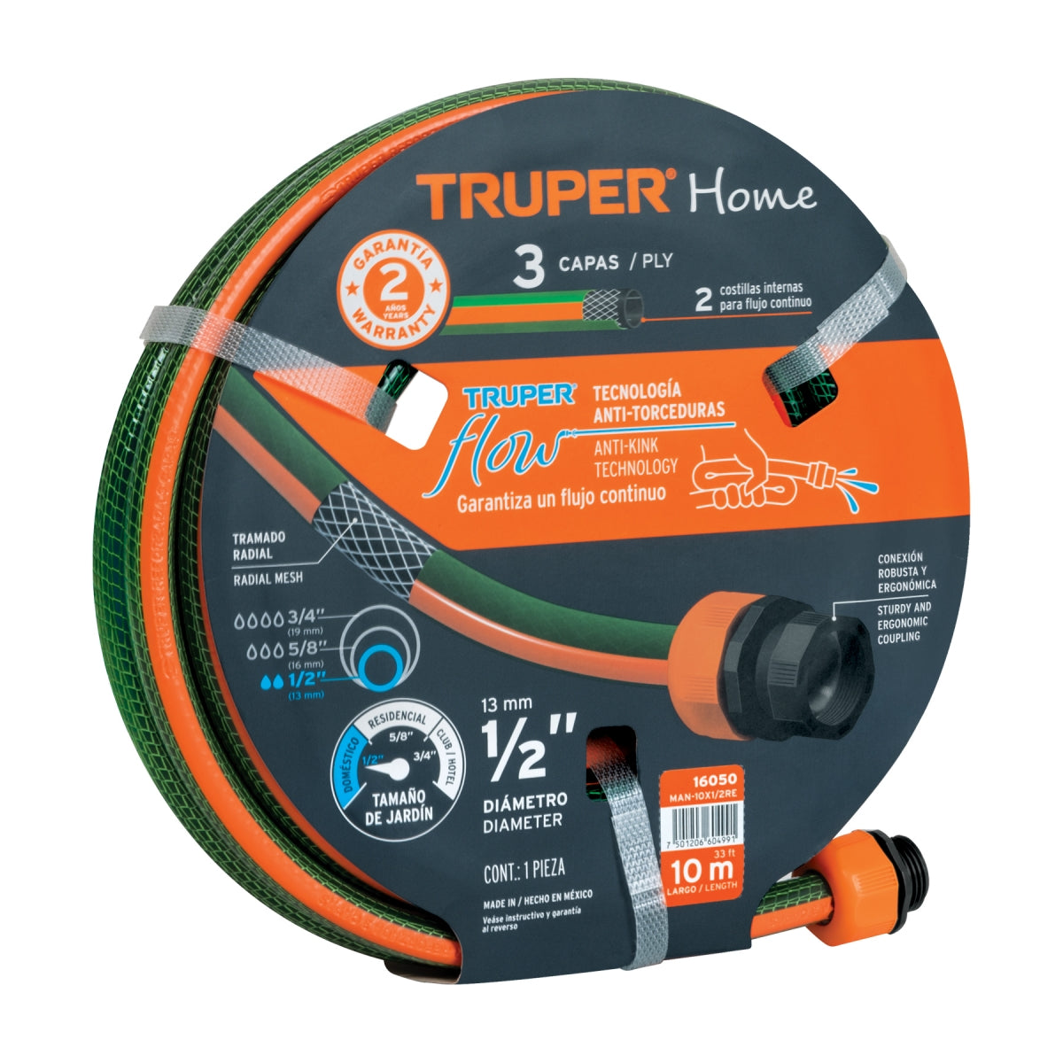 Manguera 1/2" reforzada 3 capas 10M SKU:'16050