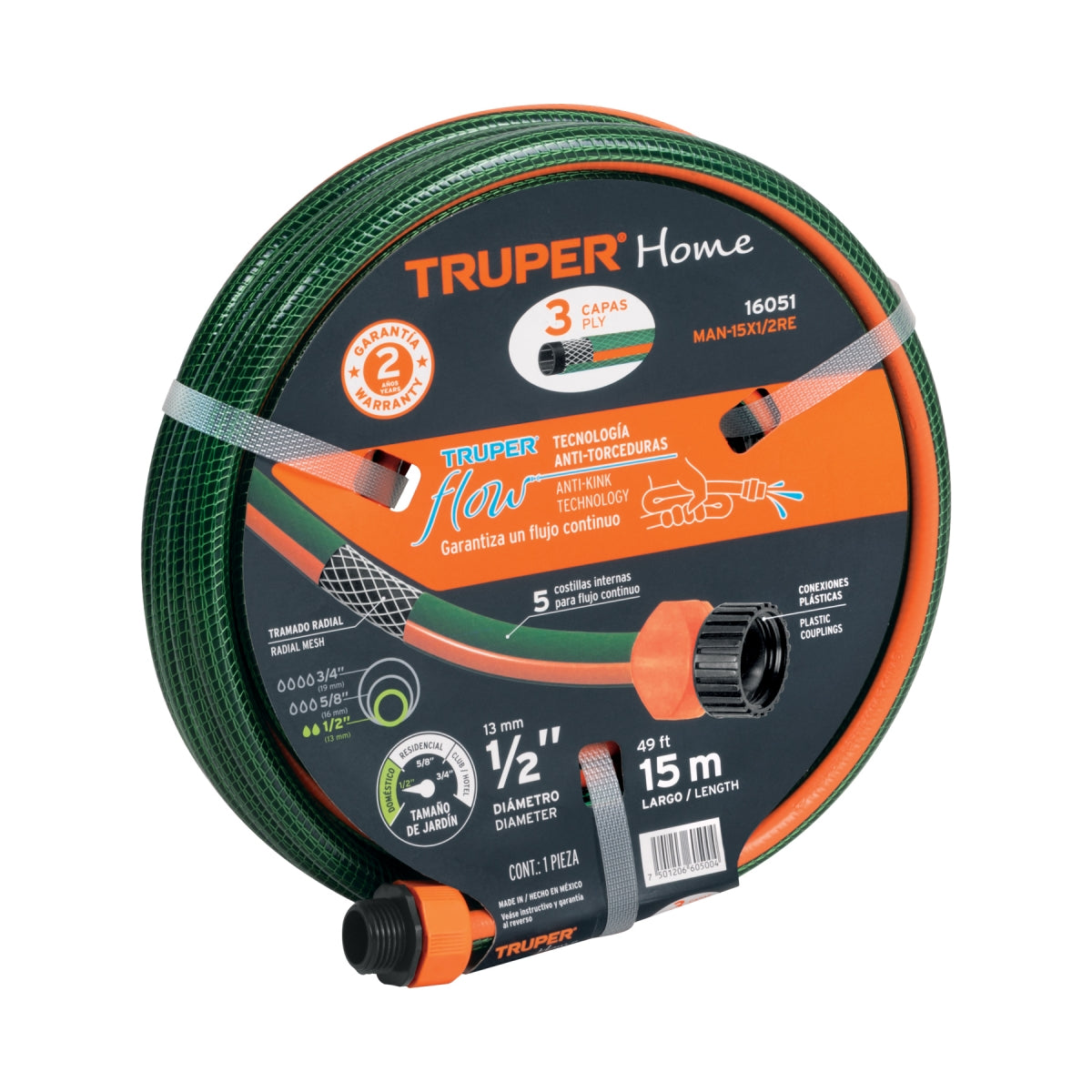 Manguera 1/2" reforzada 3 capas 15M SKU:'16051