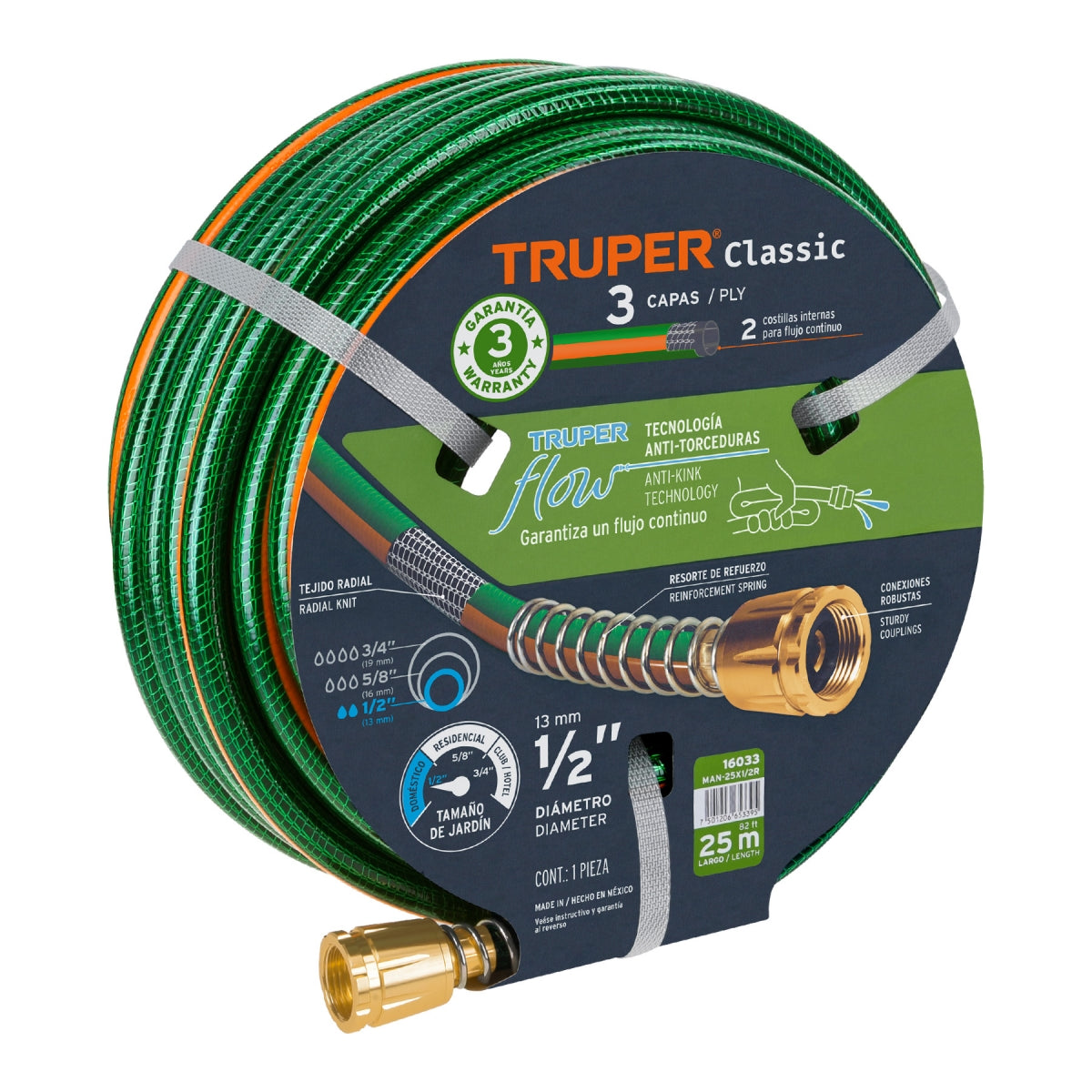 Manguera 1/2" reforzada 3 capas 25M SKU:'16033