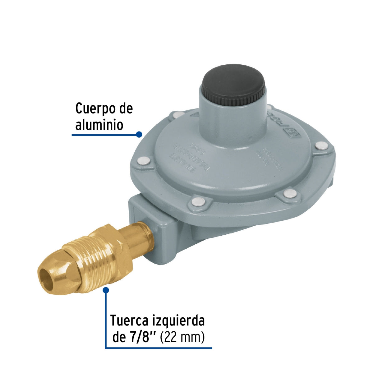 Regulador sencillo p/gas con punta y tuerca izquierda SKU:'49225