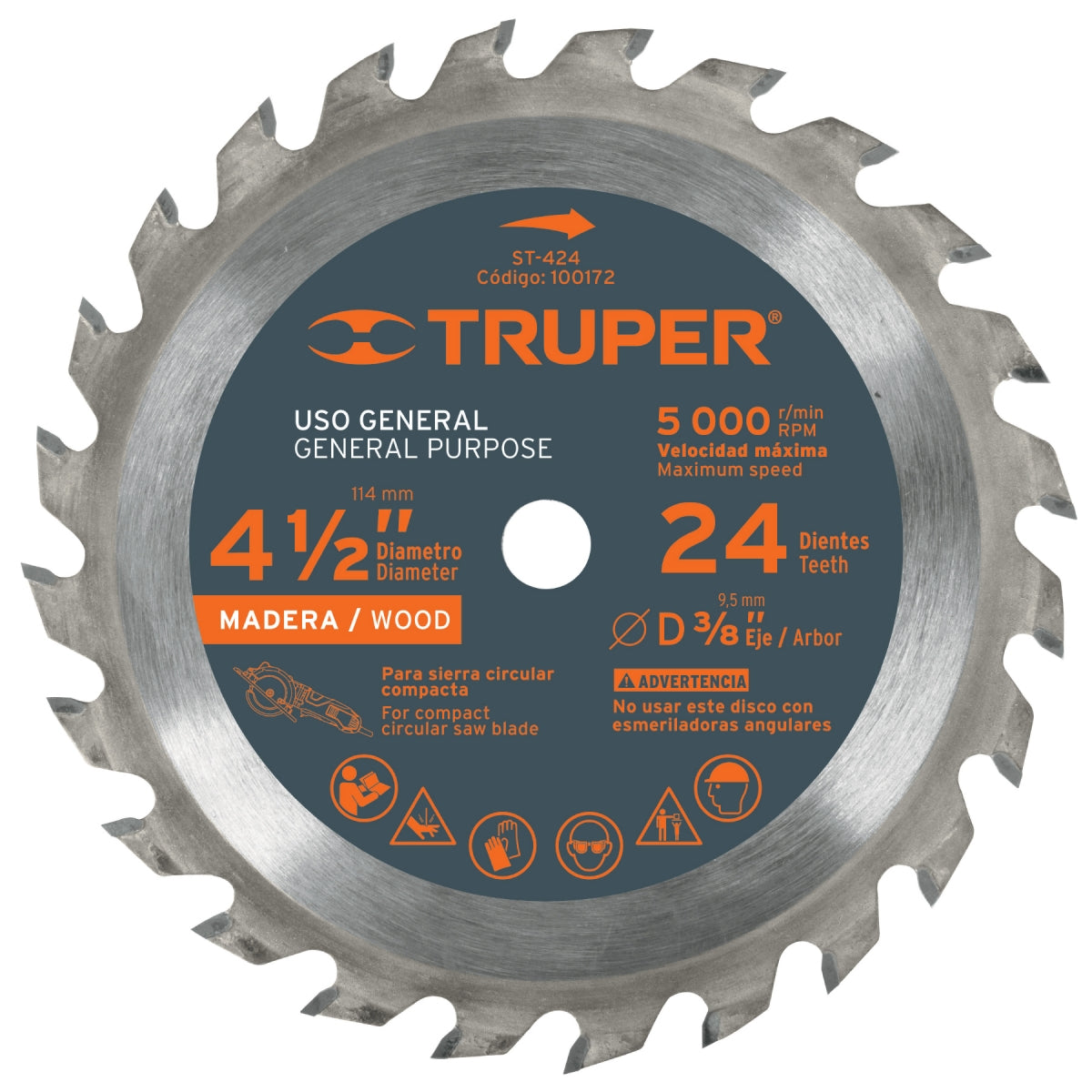 Disco sierra 4 1/2" p/madera 24 dientes SKU:'100172