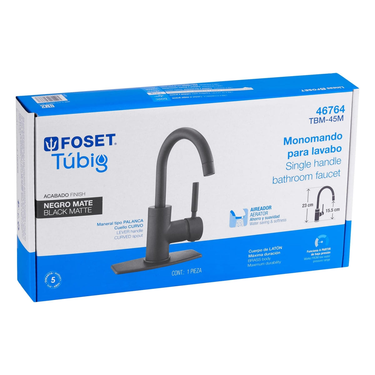 Monomando metálico cuello curvo p/lavabo negro mate maneral tipo palanca (Tubig) SKU:'46764