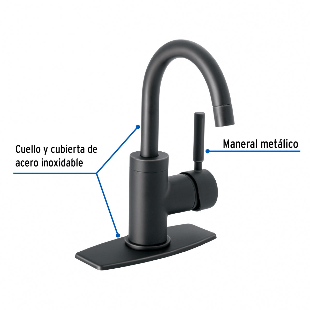Monomando metálico cuello curvo p/lavabo negro mate maneral tipo palanca (Tubig) SKU:'46764