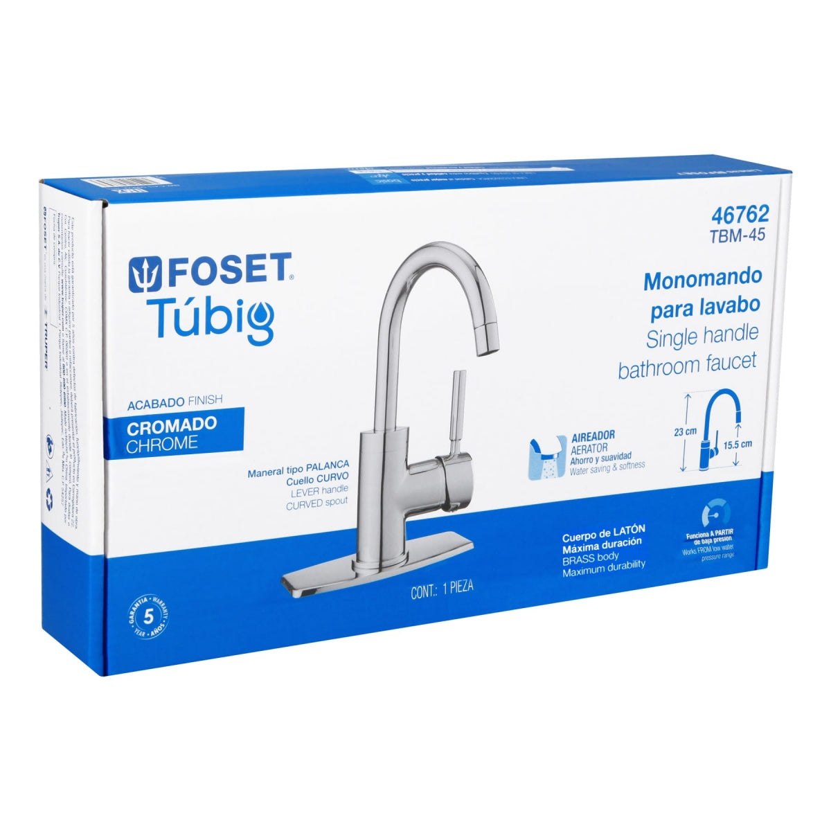 Monomando metálico cuello curvo p/lavabo maneral tipo palanca (Tubig) SKU:'46762