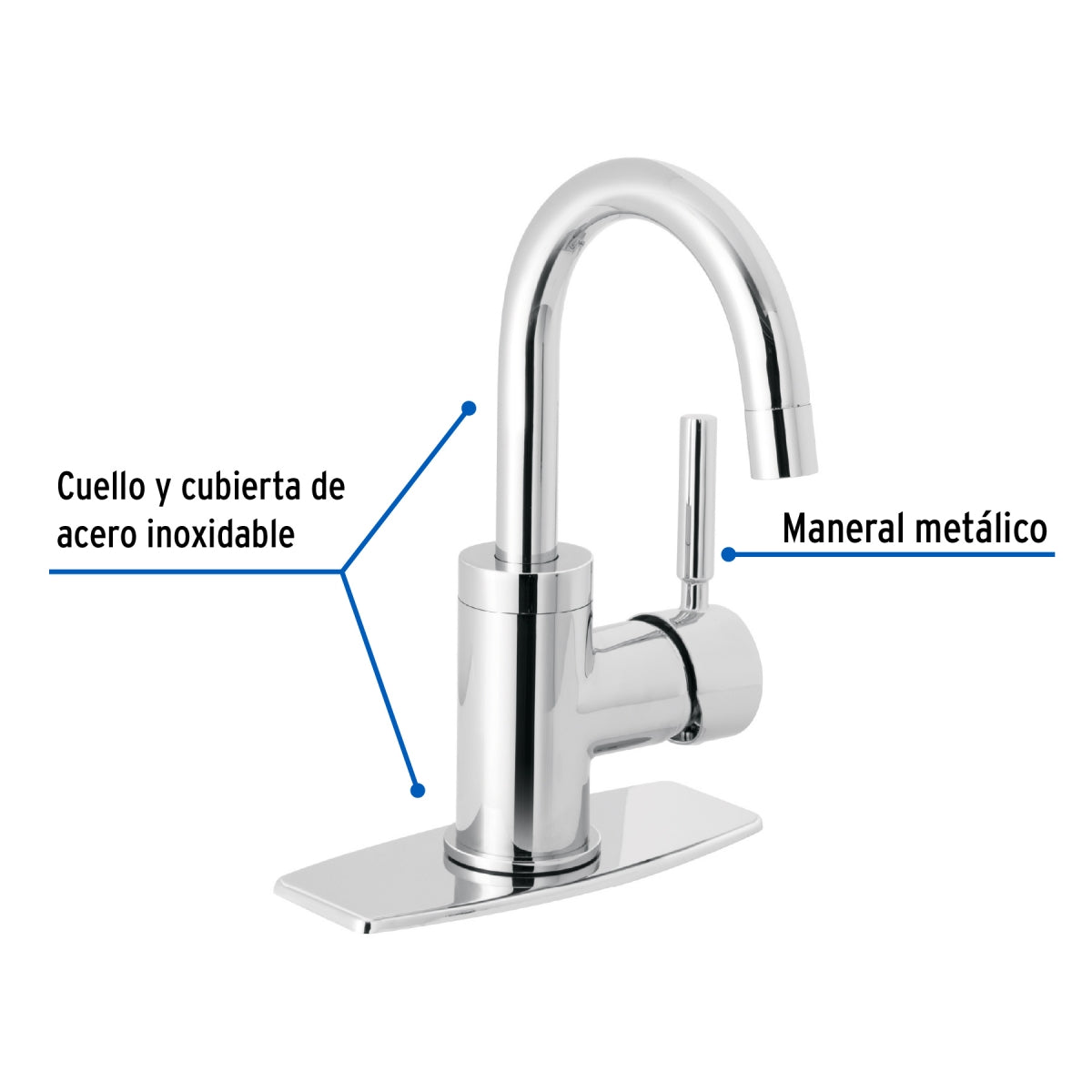 Monomando metálico cuello curvo p/lavabo maneral tipo palanca (Tubig) SKU:'46762
