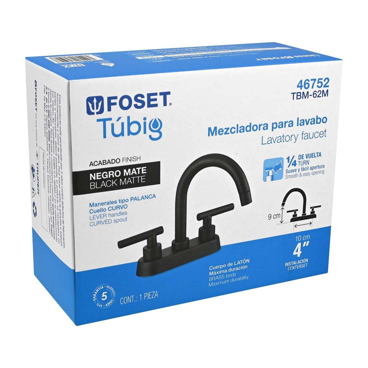 Mezcladora metálica 4" tipo bar p/lavabo negro mate manerales tipo palanca (Tubig) SKU:'46752