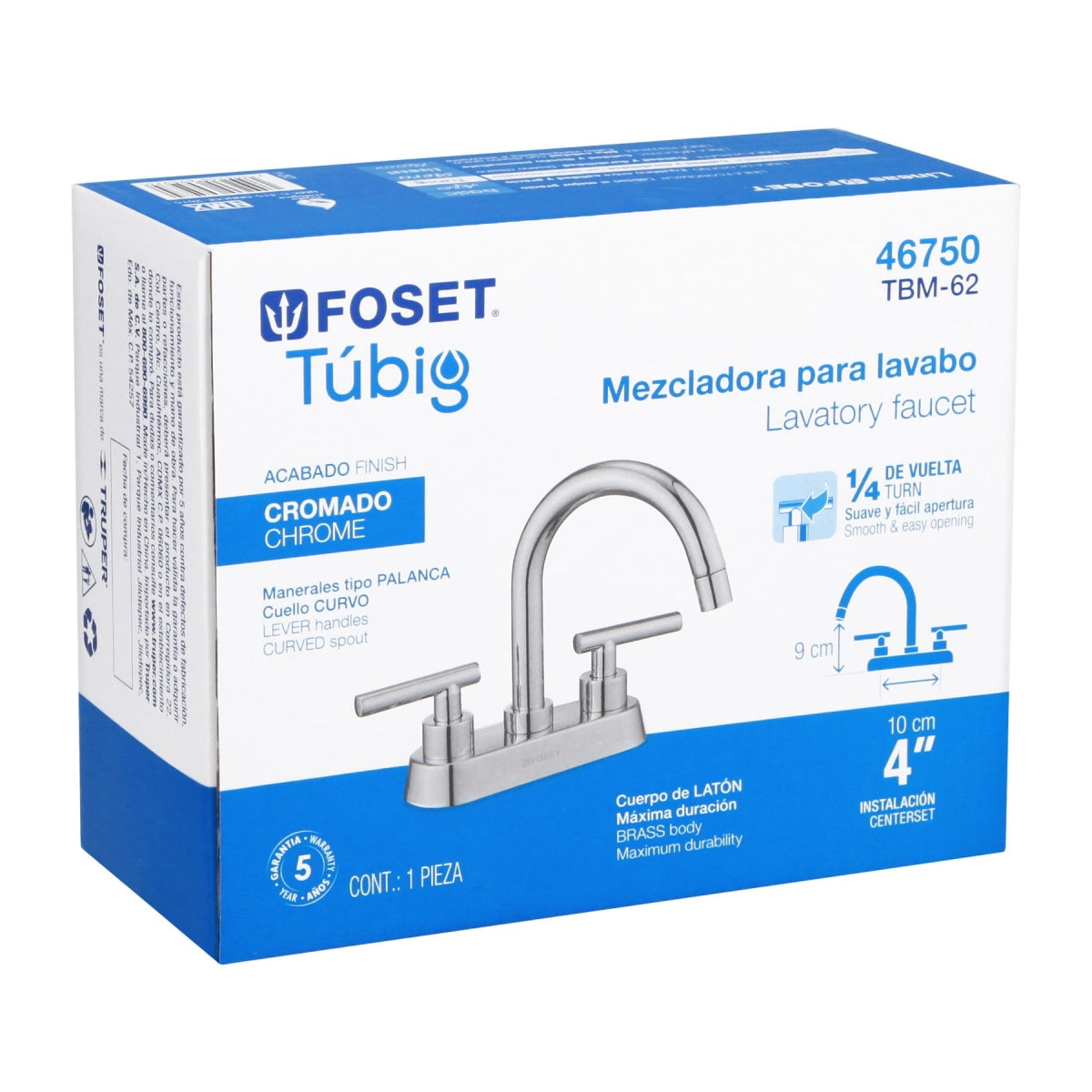 Mezcladora metálica 4" tipo bar p/lavabo manerales tipo palanca (Tubig) SKU:'46750