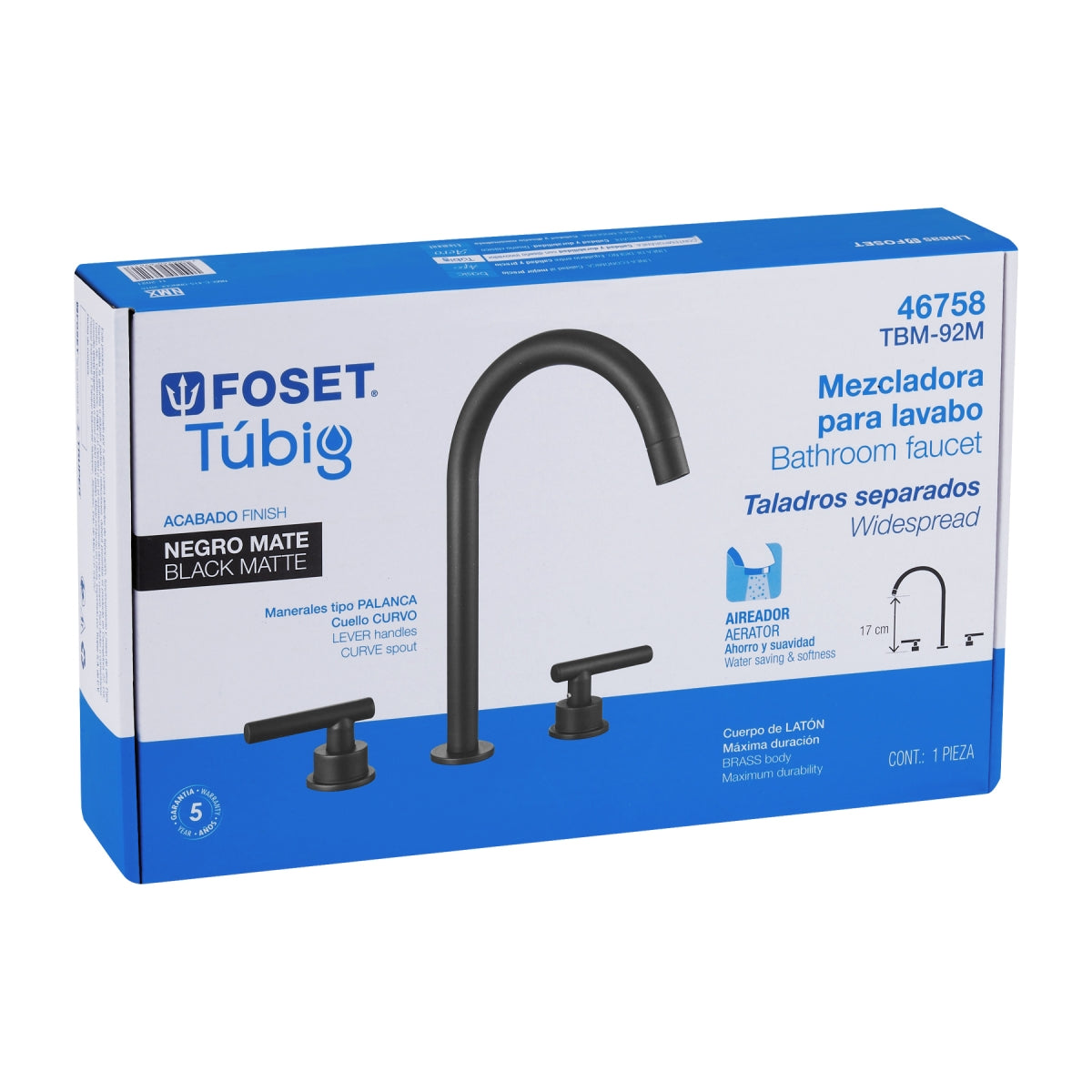 Mezcladora metálica p/lavabo negro mate taladros separados manerales tipo palanca (Tubig) SKU:'46758