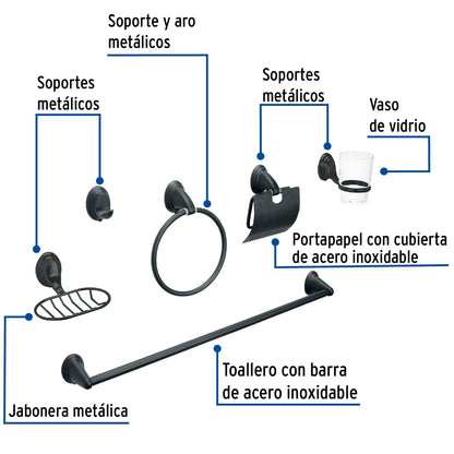 Juego de 6 accesorios metálicos p/baño negro mate (Aqua) SKU:'49163