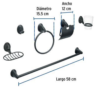 Juego de 6 accesorios metálicos p/baño negro mate (Aqua) SKU:'49163