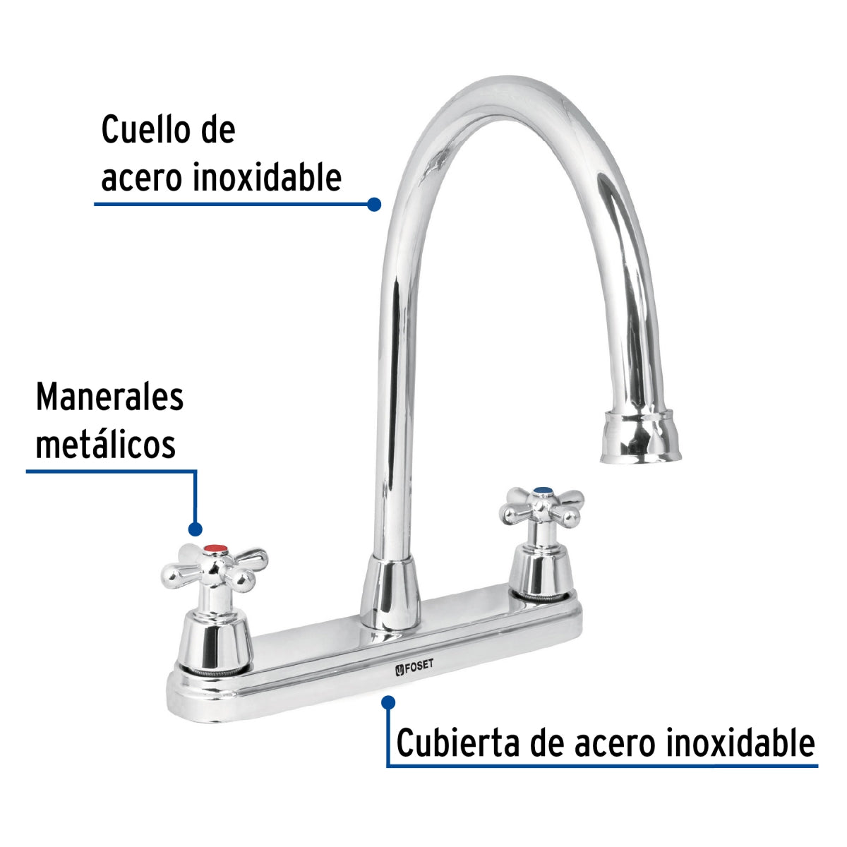 Mezcladora metálica 8" cuello alto p/fregadero manerales tipo cruceta (Aqua) SKU:'49686