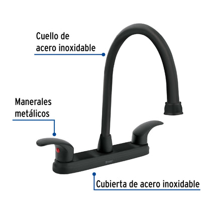 Mezcladora metálica 8" cuello largo p/fregadero negro mate manerales tipo palanca (Aqua) SKU:'45625