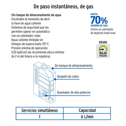 Calentador de paso instantáneo 6 L 1 servicio p/gas L.P. SKU:'45271