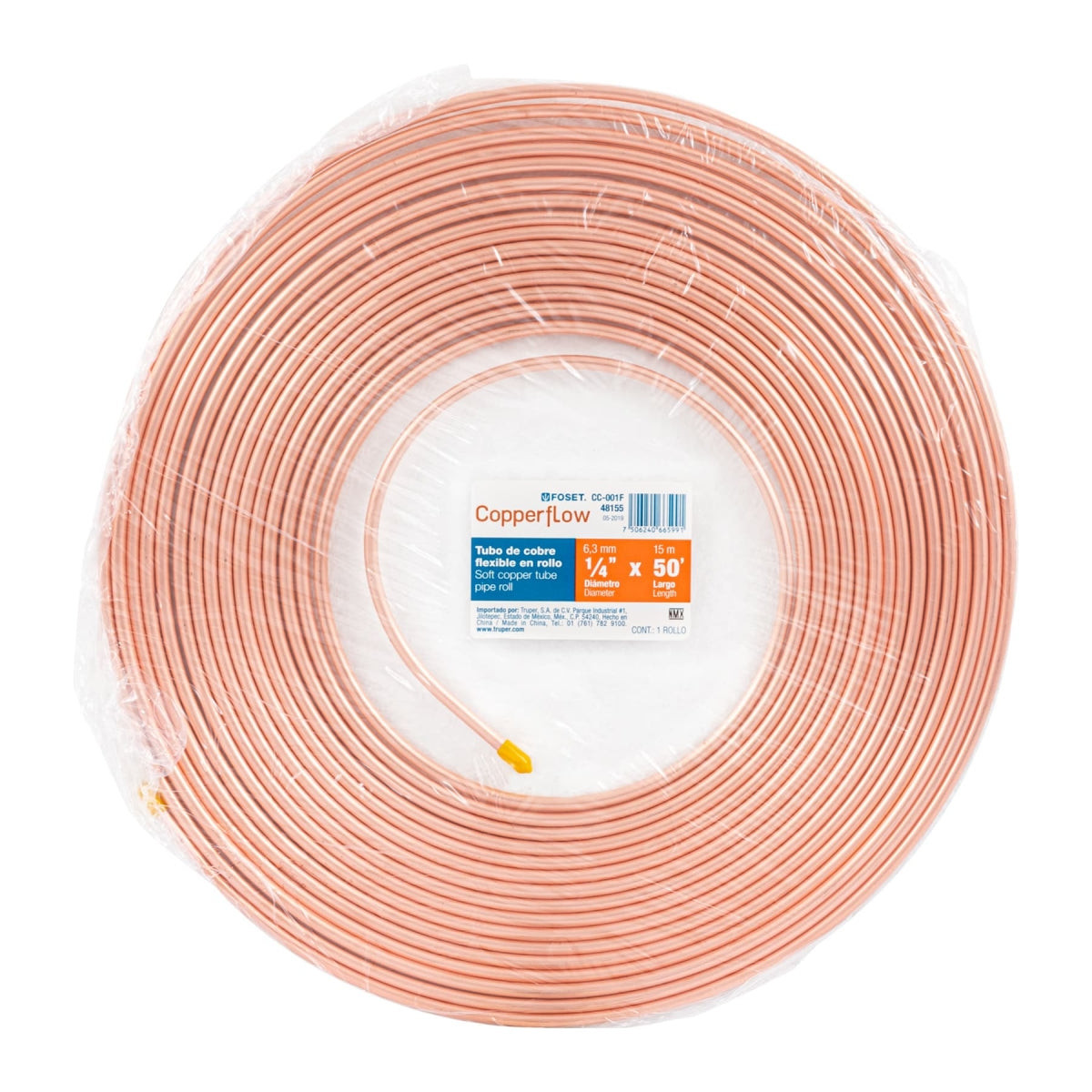 Tubo flexible 1/4" cobre p/gas (rollo 15m) SKU:'48155