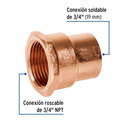 Cople rosca interior 3/4" cobre SKU:'49657