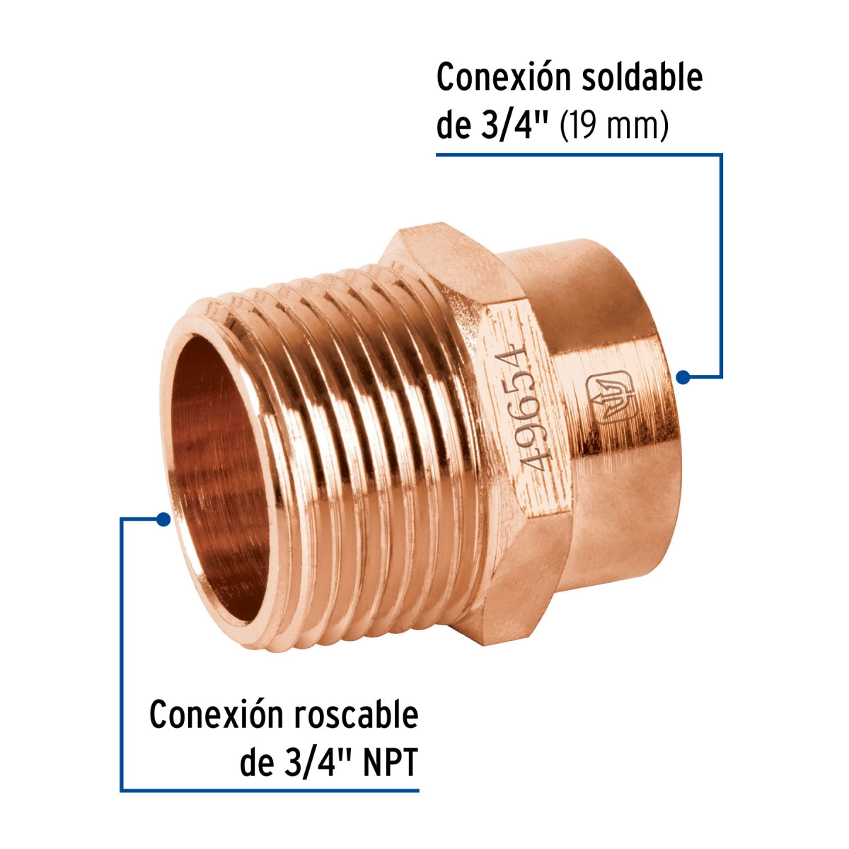 Cople rosca exterior 3/4" cobre SKU:'49654