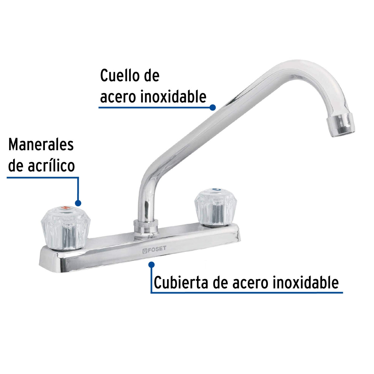 Mezcladora metálica 8" cuello largo p/fregadero manerales acrílicos (Basic) SKU:'49240