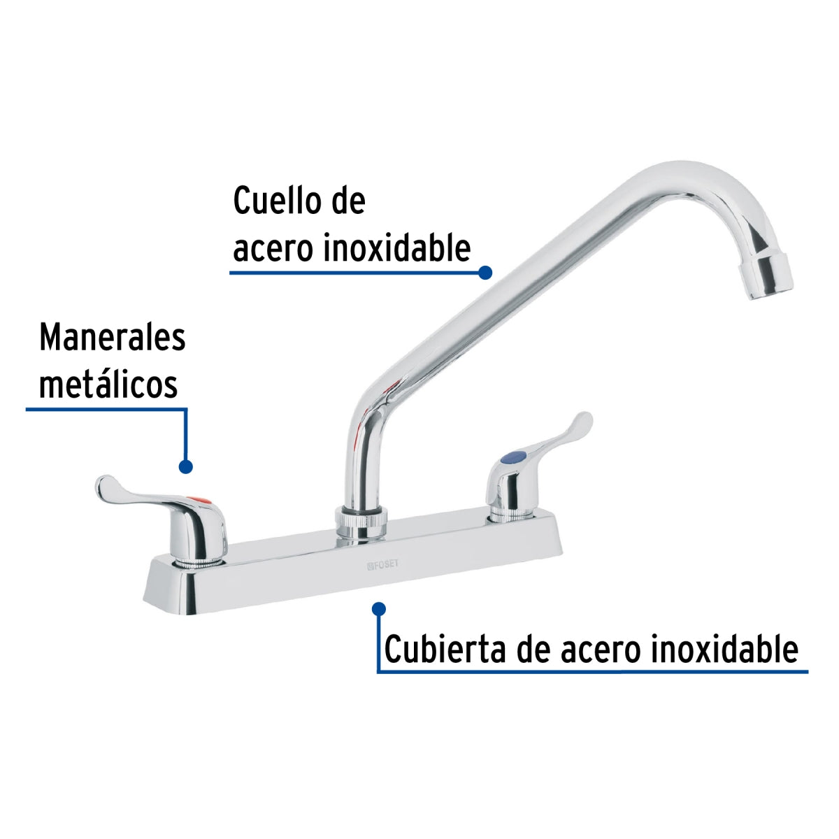 Mezcladora metálica 8" cuello largo p/fregadero manerales tipo palanca (Basic) SKU:'49287