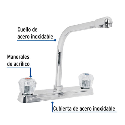 Mezcladora metálica 8" cuello tipo cobra p/fregadero manerales acrílicos (Basic) SKU:'49192